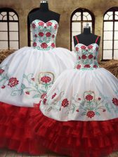 Vintage White And Red Lace Up Quinceanera Dress Embroidery and Ruffled Layers Sleeveless Floor Length