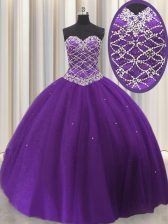  Eggplant Purple Sleeveless Beading and Sequins Floor Length Quince Ball Gowns