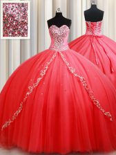  Coral Red Sweetheart Neckline Beading and Appliques Ball Gown Prom Dress Sleeveless Lace Up