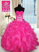  Hot Pink Ball Gowns Organza Sweetheart Sleeveless Beading and Appliques and Ruffles Floor Length Lace Up Sweet 16 Quinceanera Dress