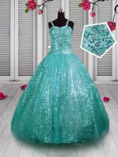 Popular Sequined Straps Sleeveless Lace Up Beading and Sequins Pageant Gowns For Girls in Turquoise