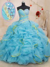  Baby Blue Ball Gowns Beading and Ruffles 15 Quinceanera Dress Lace Up Organza Sleeveless With Train