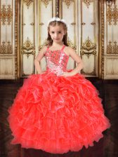  Straps Floor Length Lace Up Little Girls Pageant Dress Red for Quinceanera and Wedding Party with Beading and Ruffles and Sequins