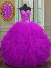 Great Sleeveless Floor Length Beading and Ruffles Lace Up 15th Birthday Dress with Purple