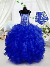  Beading and Ruffles Little Girl Pageant Dress Royal Blue Lace Up Sleeveless Floor Length