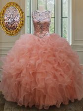  Scoop See Through Beading and Ruffles Sweet 16 Quinceanera Dress Peach Lace Up Sleeveless Floor Length