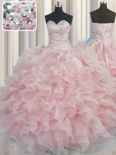 Ideal Bling-bling Pink Ball Gowns Beading and Ruffles Sweet 16 Quinceanera Dress Lace Up Organza Sleeveless Floor Length