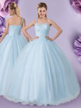Modest One Shoulder Sleeveless Lace Up 15th Birthday Dress Light Blue Tulle