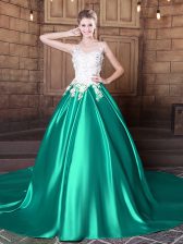  Scoop Sleeveless Court Train Lace Up Sweet 16 Quinceanera Dress Turquoise Elastic Woven Satin