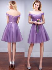  Off the Shoulder Knee Length Lace Up Damas Dress Lavender for Prom and Party and Wedding Party with Ruching and Belt