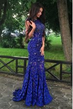  Mermaid Royal Blue Lace Backless Scoop Sleeveless With Train Prom Gown Brush Train Beading and Lace