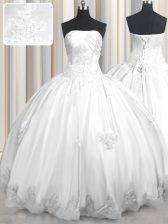 Modern Strapless Sleeveless Quince Ball Gowns Floor Length Beading and Appliques White Taffeta