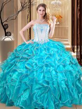 Exceptional Floor Length Lace Up Sweet 16 Quinceanera Dress Teal for Military Ball and Sweet 16 and Quinceanera with Embroidery and Ruffles
