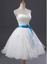 Trendy White Prom Dress Prom with Appliques and Sashes ribbons and Ruching Sweetheart Sleeveless Lace Up
