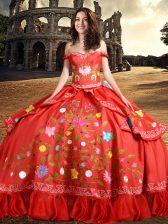 Adorable Off the Shoulder Embroidery and Bowknot Sweet 16 Dress Red Lace Up Sleeveless Floor Length