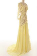 High Class One Shoulder Light Yellow 3 4 Length Sleeve Chiffon and Lace Sweep Train Side Zipper Prom Dress for Prom and Party
