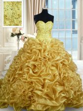  Gold Sleeveless Sweep Train Beading and Pick Ups With Train Sweet 16 Dresses