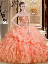  Sweetheart Sleeveless Brush Train Lace Up Sweet 16 Dresses Orange Organza