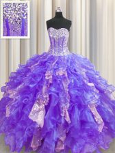 Low Price Visible Boning Sleeveless Lace Up Floor Length Beading and Ruffles and Sequins Quinceanera Dresses