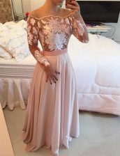 Classical Scoop Pink Long Sleeves Floor Length Beading and Appliques and Sashes ribbons Side Zipper Homecoming Dress