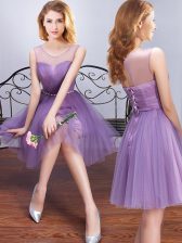  Scoop Sleeveless Dama Dress for Quinceanera Mini Length Beading and Ruching and Belt Lavender Tulle