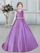  Brush Train Ball Gowns Pageant Gowns For Girls Lilac Scoop Taffeta Sleeveless With Train Lace Up