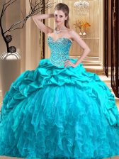 Elegant Lace Up 15 Quinceanera Dress Aqua Blue for Military Ball and Sweet 16 and Quinceanera with Beading and Ruffles Brush Train