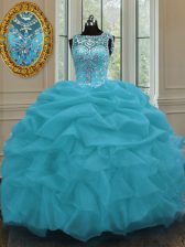  Scoop Pick Ups Baby Blue Sleeveless Organza Lace Up Quince Ball Gowns for Military Ball and Sweet 16 and Quinceanera