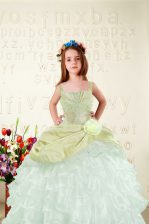  Sleeveless Organza Floor Length Lace Up Girls Pageant Dresses in Yellow Green with Beading and Ruffled Layers
