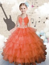 Halter Top Floor Length Orange Little Girls Pageant Gowns Organza Sleeveless Beading and Ruffled Layers