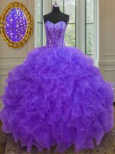 Admirable Purple Sweetheart Lace Up Beading and Ruffles Sweet 16 Dress Sleeveless