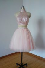  Pink Sleeveless Mini Length Beading Zipper Prom Dress