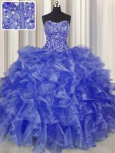 Extravagant Visible Boning Ball Gowns Ball Gown Prom Dress Blue Strapless Organza Sleeveless Floor Length Lace Up