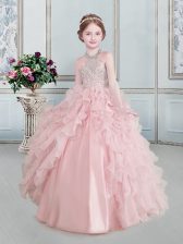  Baby Pink Little Girl Pageant Gowns Quinceanera and Wedding Party with Beading and Ruffles Halter Top Sleeveless Lace Up