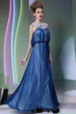  Scoop Navy Blue Sleeveless Beading Floor Length Prom Gown