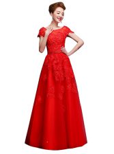 Exceptional Red Bateau Neckline Lace Short Sleeves Lace Up
