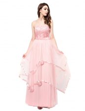  Lace Prom Party Dress Baby Pink Zipper Sleeveless Floor Length