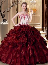 Modern Sleeveless Organza Floor Length Lace Up Sweet 16 Quinceanera Dress in Wine Red with Ruffles