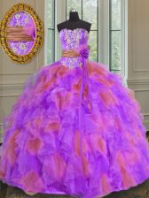  Multi-color Ball Gowns Organza Sweetheart Sleeveless Beading and Ruffles and Sashes ribbons and Hand Made Flower Floor Length Lace Up Sweet 16 Dresses