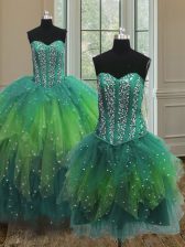  Three Piece Sleeveless Tulle Floor Length Lace Up Vestidos de Quinceanera in Multi-color with Beading