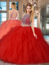 Latest Scoop Red Backless Sweet 16 Quinceanera Dress Beading and Ruffles Sleeveless Floor Length