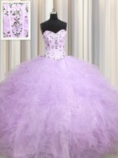 Exquisite Visible Boning Sleeveless Floor Length Beading and Appliques and Ruffles Lace Up 15 Quinceanera Dress with Lavender