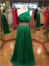 Sophisticated One Shoulder Green Chiffon Backless Homecoming Dress Sleeveless With Brush Train Beading