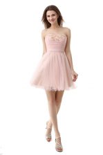 Cute Beading and Ruching Prom Gown Pink Zipper Sleeveless Mini Length
