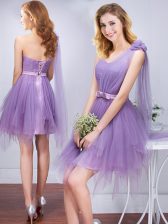Excellent Lavender One Shoulder Lace Up Ruffles and Ruching and Belt and Hand Made Flower Vestidos de Damas Sleeveless