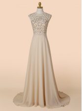  Chiffon Scoop Sleeveless Brush Train Backless Beading Prom Gown in Champagne