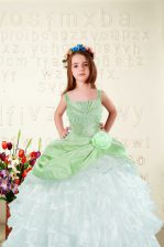  Apple Green Organza Lace Up Straps Sleeveless Floor Length Girls Pageant Dresses Beading and Ruffled Layers and Hand Made Flower
