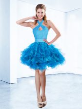 High Quality Baby Blue Ball Gowns Halter Top Sleeveless Organza Mini Length Zipper Ruching and Belt Prom Evening Gown