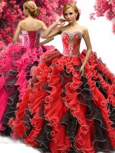  Organza Sweetheart Sleeveless Lace Up Beading and Ruffles Sweet 16 Quinceanera Dress in Red And Black