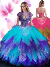  Sleeveless Floor Length Beading and Ruffled Layers Lace Up Quinceanera Dresses with Multi-color
